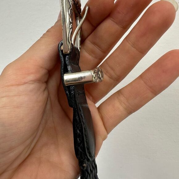 Vintage 90s Talbots Black Braided Leather Belt Silver Hardware Floral Engraved S - Picture 7 of 10